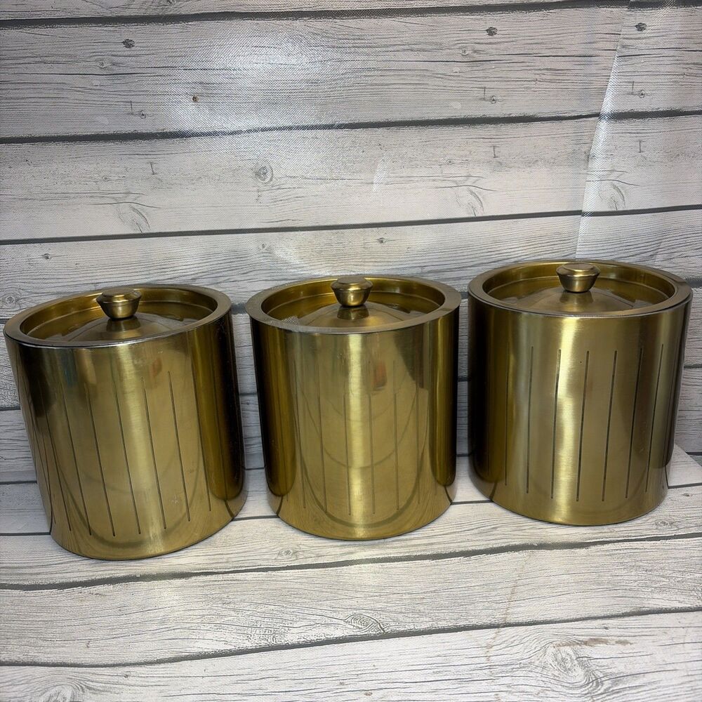 Vintage Gold Metal Kitchen Canister Set 3pc  Croft on MCM Regency
